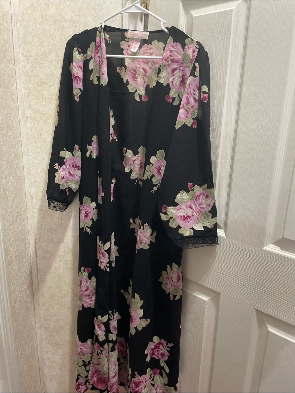 Oscar de la Renta Black Robe with Pink Rose Print